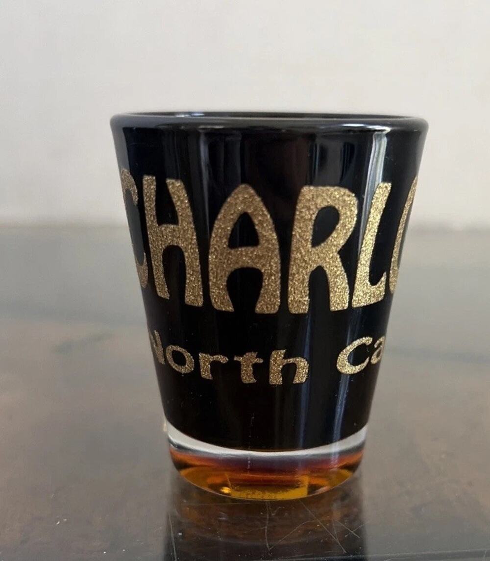 Charlotte North Carolina Shot Glass Black w/Gold Sparkle Lettering Barware